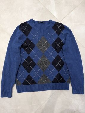 2/$60 J. Crew 100% Wool Blue Argyle V-Neck Sweater Black & Gray Diamonds Men's L